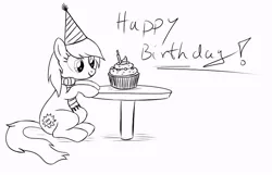 Size: 804x518 | Tagged: safe, artist:stinkehund, derpibooru import, oc, oc:sunshine smiles, unofficial characters only, earth pony, pony, birthday, candle, clothes, cupcake, happy birthday, hat, party hat, scarf, table