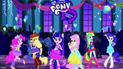 Size: 400x225 | Tagged: safe, derpibooru import, official, apple bloom, applejack, fluttershy, pinkie pie, rainbow dash, rarity, scootaloo, scott green, sophisticata, sweetie belle, teddy t. touchdown, twilight sparkle, equestria girls, equestria girls (movie), background human, balloon, boots, bracelet, clothes, cowboy boots, cutie mark crusaders, disco ball, dress, fall formal outfits, hat, high heel boots, humane five, humane six, image, jewelry, jpeg, mane six, my little pony logo, ponied up, shoes, sparkles, top hat, twilight ball dress
