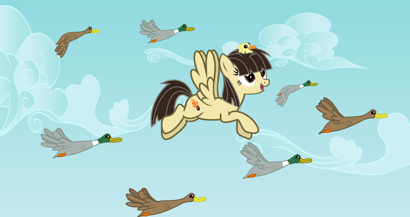 Size: 12600x6700 | Tagged: safe, artist:vector-brony, derpibooru import, wild fire, oc, bird, duck, mallard, pegasus, pony, absurd resolution, animal, duckling, female, flock, flying, male, mare, ponysona, sibsy, sitting on head, sky, that pony sure does love ducks