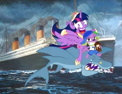 Size: 998x772 | Tagged: safe, artist:zutheskunk edits, derpibooru import, edit, spike, twilight sparkle, twilight sparkle (alicorn), dog, shark, equestria girls, alicorn drama, dog drama, equestria girls drama, jump the shark, rapping dog, spike the dog, titanic, titanic the legend goes on