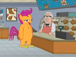 Size: 360x270 | Tagged: safe, derpibooru import, edit, edited screencap, screencap, scootaloo, bird, chicken, human, hybrid, pony, bone, chicken meat, chickun, colonel sanders, counter, crossover, duo, exploitable meme, family guy, female, filly, food, forced meme, fried chicken, kfc, lidded eyes, male, man, meat, meme, open mouth, parody, standing, this will end in death, tv series, tv show