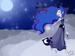 Size: 1400x1050 | Tagged: artist:2-lettdodd, derpibooru import, horn, horn wand, humanized, princess luna, safe, snow, snowfall, solo, wand, winged humanization