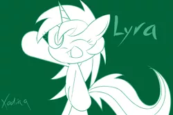 Size: 5625x3750 | Tagged: safe, artist:xodiaq, derpibooru import, lyra heartstrings, pony, unicorn, bipedal, green background, monochrome, one eye closed, outline, simple background, smiling, solo, waving, wink