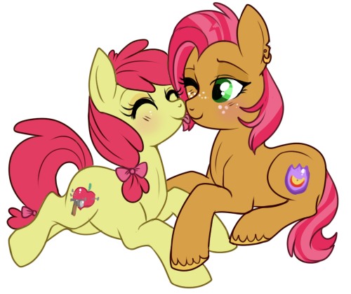 Size: 500x418 | Tagged: apple bloom, appleseed, artist:lulubell, babs seed, derpibooru import, female, incest, lesbian, licking, safe, shipping, simple background, transparent background, unshorn fetlocks