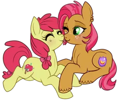 Size: 500x418 | Tagged: apple bloom, appleseed, artist:lulubell, babs seed, derpibooru import, female, incest, lesbian, licking, safe, shipping, simple background, transparent background, unshorn fetlocks