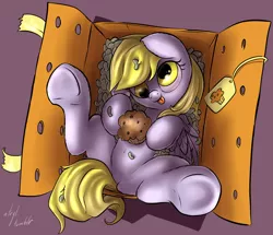 Size: 1396x1200 | Tagged: safe, artist:atryl, derpibooru import, derpy hooves, pegasus, pony, belly button, box, cardboard box, cute, female, mare, muffin, package, packing peanuts, pony in a box, sfw edit, solo, tongue out