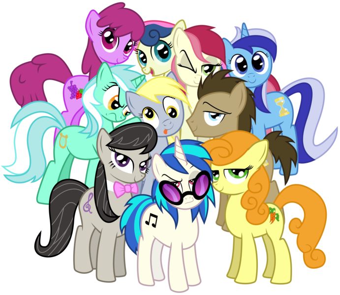 Size: 8000x6944 | Tagged: safe, artist:andypriceart, artist:masem, derpibooru import, idw, berry punch, berryshine, bon bon, carrot top, derpy hooves, doctor whooves, golden harvest, lyra heartstrings, minuette, octavia melody, roseluck, sweetie drops, time turner, vinyl scratch, earth pony, pegasus, pony, unicorn, absurd resolution, background pony, background six, background ten, bowtie, cutie mark, female, hooves, horn, idw showified, male, mare, one eye closed, open mouth, simple background, smiling, stallion, sunglasses, tongue out, transparent background, vector, wink