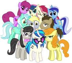 Size: 8000x6944 | Tagged: safe, artist:andypriceart, artist:masem, derpibooru import, idw, berry punch, berryshine, bon bon, carrot top, derpy hooves, doctor whooves, golden harvest, lyra heartstrings, minuette, octavia melody, roseluck, sweetie drops, time turner, vinyl scratch, earth pony, pegasus, pony, unicorn, absurd resolution, background pony, background six, background ten, bowtie, cutie mark, female, hooves, horn, idw showified, male, mare, one eye closed, open mouth, simple background, smiling, stallion, sunglasses, tongue out, transparent background, vector, wink