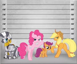 Size: 1200x1003 | Tagged: applejack, artist needed, derpibooru import, line-up, pinkie pie, plot, police lineup, scootaloo, suggestive, the usual suspects, zebra, zecora