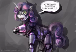 Size: 600x417 | Tagged: safe, artist:bloodrizer, derpibooru import, sweetie belle, pony, robot, unicorn, friendship is witchcraft, 30 minute art challenge, comic, female, hooves, horn, open mouth, solo, speech bubble, sweetie bot, talking