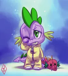Size: 800x900 | Tagged: safe, artist:whitediamonds, derpibooru import, spike, dragon, baby, baby dragon, clothes, cute, fangs, footed sleeper, green eyes, groggy, male, one eye closed, pajamas, plushie, signature, simple background, sleepy, solo, spikabetes, tired, toy, watermark, zipper