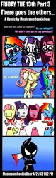 Size: 753x2380 | Tagged: grimdark, artist:mushroomcookiebear, derpibooru import, fluttershy, pinkie pie, rainbow dash, rarity, earth pony, pegasus, pony, unicorn, axe, background figure, blood, comic, death, decapitated, decapitation, female, friday the 13th, mare, parody, pinkamena diane pie, severed head, shocked