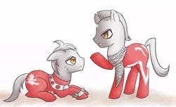 Size: 1000x609 | Tagged: safe, artist:hopemaydie, derpibooru import, ponified, image, jpeg, looking at each other, prone, serious, shadow, simple background, sweat, ultraman, ultraman leo, ultraseven, white background