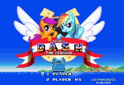 Size: 1024x706 | Tagged: artist:sewyouplushiethings, crossover, derpibooru import, grin, looking at you, parody, pixel art, rainbow dash, safe, scootaloo, sega, smiling, sonic 2, sonic the hedgehog 2, sonic the hedgehog (series), title screen, waving