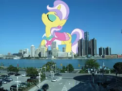 Size: 1000x750 | Tagged: safe, derpibooru import, upper crust, pony, city, detroit, giant pony, giantess, highrise ponies, macro, michigan, skunk stripe, skyline, solo