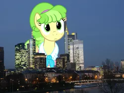 Size: 1000x750 | Tagged: safe, derpibooru import, chickadee, ms. peachbottom, pony, frankfurt, germany, giant pony, giantess, irl, macro, photo, ponies in real life, skyline, solo