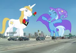 Size: 1000x696 | Tagged: safe, derpibooru import, prince blueblood, trixie, pony, attack on pony, bluetrix, california, car, female, giant pony, highrise ponies, los angeles, macro, male, shipping, straight