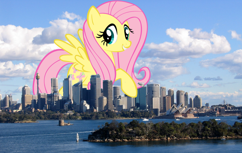 Size: 1000x633 | Tagged: safe, derpibooru import, fluttershy, pony, australia, city, giant pony, giantess, highrise ponies, macro, skyline, solo, sydney