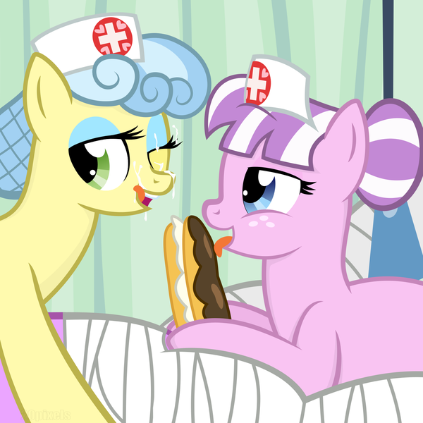 Size: 1500x1500 | Tagged: artist:the smiling pony, bandage, eclair, licking, not porn, nurse, nurse coldheart, nurse sweetheart, questionable