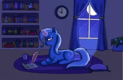 Size: 800x524 | Tagged: safe, artist:fimlie, derpibooru import, trixie, pony, unicorn, feather, female, magic, mare, moon, moonlight, night, quill, scroll, solo, telekinesis, window, writing