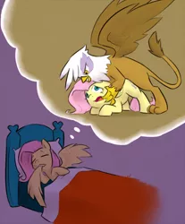 Size: 800x965 | Tagged: suggestive, artist:ponchuzn, derpibooru import, fluttershy, gilda, gryphon, pegasus, pony, bed, dirty thoughts, dream, evil grin, eyes closed, face down ass up, female, floppy ears, gildashy, grin, implied rape, implied sex, lesbian, mare, open mouth, pillow, rape fantasy, sleeping, smiling, spread wings, thought bubble, wing bite, wingboner