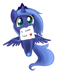 Size: 3567x4488 | Tagged: safe, artist:pridark, derpibooru import, princess luna, alicorn, pony, absurd resolution, cute, female, filly, heart, looking at you, lunabetes, mouth hold, note, pridark is trying to murder us, simple background, solo, transparent background, woona