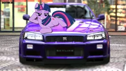 Size: 2478x1393 | Tagged: artist:nestordc, bedroom eyes, car, damn sexy pose, derpibooru import, gran turismo, nissan, nissan skyline, pun, skyline r34, suggestive, twilight sparkle