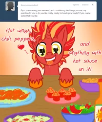 Size: 700x839 | Tagged: artist:naomiknight17, askthesixelementals, cupcake, derpibooru import, fire, food, hot sauce, oc, oc:pyro, safe, spicy, tumblr, unofficial characters only