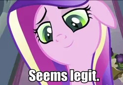 Size: 616x427 | Tagged: a canterlot wedding, bust, changeling, derpibooru import, disguise, disguised changeling, edit, edited screencap, fake cadance, floppy ears, glowing eyes, image macro, princess cadance, queen chrysalis, safe, screencap, seems legit, solo