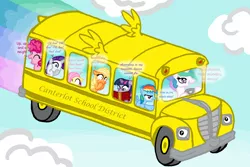 Size: 7200x4800 | Tagged: absurd resolution, applejack, artist:inkrose98, book, bus, crossover, derpibooru import, filly, fluttershy, flying, magic school bus, parody, pinkie pie, princess celestia, rainbow dash, rarity, safe, school bus, sky, twilight sparkle, younger