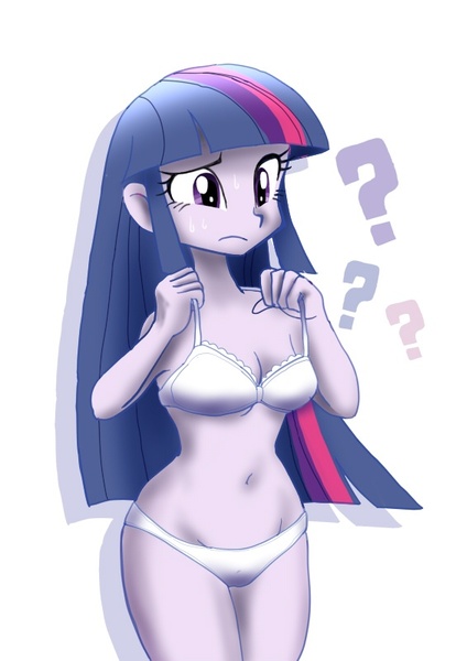 Size: 552x800 | Tagged: suggestive, artist:orca, derpibooru import, twilight sparkle, equestria girls, belly button, bra, breasts, cleavage, clothes, curvy, dumbfounded, female, frilly underwear, lingerie, panties, pixiv, question mark, simple background, solo, solo female, sweat, underwear, white background, white underwear