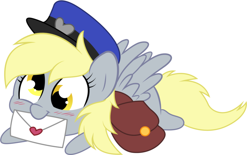 Size: 5000x3140 | Tagged: safe, artist:stepandy, derpibooru import, derpy hooves, pegasus, pony, absurd resolution, bag, blushing, cute, derpabetes, female, hat, letter, mail, mailbag, mare, mouth hold, simple background, solo, transparent background, vector