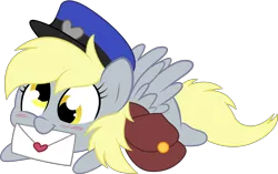 Size: 5000x3140 | Tagged: safe, artist:stepandy, derpibooru import, derpy hooves, pegasus, pony, absurd resolution, bag, blushing, cute, derpabetes, female, hat, letter, mail, mailbag, mare, mouth hold, simple background, solo, transparent background, vector