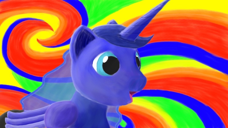 Size: 1366x768 | Tagged: artist:vladimir-zharkov, colorful, derpibooru import, high, princess luna, safe, silly, solo