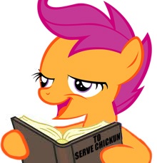 Size: 220x229 | Tagged: book, cannibalism, chickun, damon knight, derpibooru import, exploitable meme, forced meme, meme, safe, scootaloo, the twilight zone, to serve man