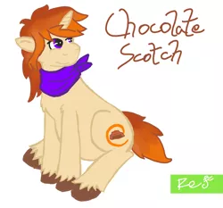 Size: 1500x1400 | Tagged: safe, artist:red note, derpibooru import, oc, oc:chocolate scotch, unofficial characters only, pony, unicorn, bandana, chubby, simple background, solo, unshorn fetlocks