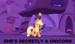 Size: 1142x662 | Tagged: animation error, applejack, cowboy hat, derpibooru import, edit, edited screencap, gala ticket, hat, image macro, magic, safe, screencap, solo, stetson, the ticket master, ticket