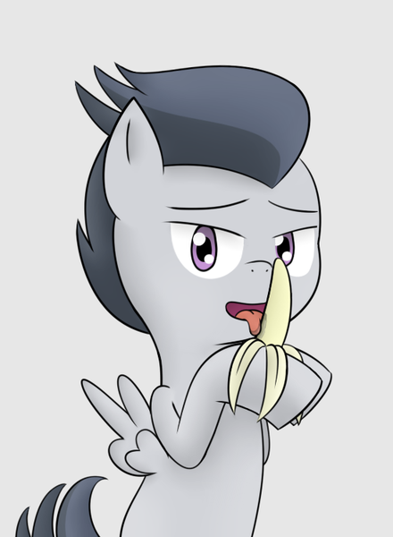 Size: 550x750 | Tagged: artist:pvryohei, banana, bedroom eyes, derpibooru import, drool, implied foalcon, licking, questionable, rumble