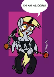 Size: 567x802 | Tagged: alicorn, anthro, artificial horn, artist:toonbat, bdsm, belly button, bondage, boots, both cutie marks, brand, branding iron, breasts, busty derpy hooves, cleavage, clothes, corset, cuffs, cute, derpabetes, derpibooru import, derpy hooves, dildo, dominatrix, fake horn, female, hand cuffs, leather, muffin, open mouth, panties, piercing, pointing, sadomasochism, sex toy, smiling, spurs, strapon, suggestive, tongue piercing, underwear, unguligrade anthro, wat