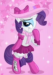 Size: 900x1277 | Tagged: safe, artist:daniel-sg, derpibooru import, rarity, pony, bipedal, clothes, hat, scarf, skirt, socks, solo