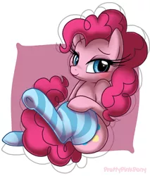 Size: 720x847 | Tagged: abstract background, adorasexy, artist:prettypinkpony, bedroom eyes, blushing, clothes, cute, derpibooru import, diapinkes, female, pinkie pie, sexy, sitting, socks, solo, solo female, striped socks, suggestive