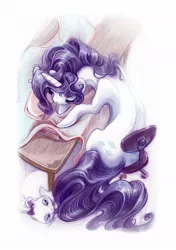 Size: 800x1138 | Tagged: artist:fleebites, back, fabric, messy mane, opalescence, pet, rarity, safe, sewing, sitting, table, working