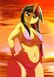 Size: 1024x1461 | Tagged: artist:trinity-fate62, bikini, breasts, busty twilight sparkle, clothes, dead source, derpibooru import, female, horned humanization, human, humanized, no nose, solo, solo female, suggestive, swimsuit, twilight sparkle