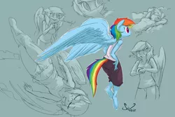 Size: 1280x857 | Tagged: anthro, armpits, artist:siden, derpibooru import, rainbow dash, safe, sketch dump, solo, unguligrade anthro