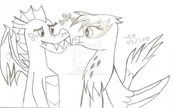 Size: 1280x794 | Tagged: safe, artist:puddingalexthompson, derpibooru import, garble, gilda, dragon, gryphon, black and white, crack shipping, female, garilda, grayscale, heart, male, shipping, straight, this will end in death, this will end in tears and/or death, traditional art, watermark