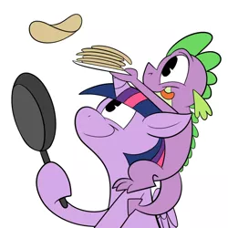 Size: 700x700 | Tagged: safe, artist:karpet-shark, derpibooru import, spike, twilight sparkle, twilight sparkle (alicorn), alicorn, pony, twily-daily, cooking, female, food, frying pan, hilarious in hindsight, mare, pancakes