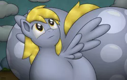 Size: 400x253 | Tagged: safe, artist:jesseorange, derpibooru import, derpy hooves, pegasus, pony, aderpose, cloud, cloudy, fat, female, impossibly large butt, impossibly wide hips, mare, solo, wat, wide hips