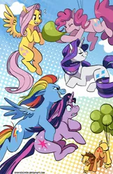 Size: 1242x1920 | Tagged: safe, artist:loverofscythe, derpibooru import, applejack, fluttershy, pinkie pie, rainbow dash, rarity, twilight sparkle, earth pony, pegasus, pony, unicorn, balloon, blowing up balloons, cloud, eyes closed, floating, flying, mane six, on a cloud, smiling, then watch her balloons lift her up to the sky