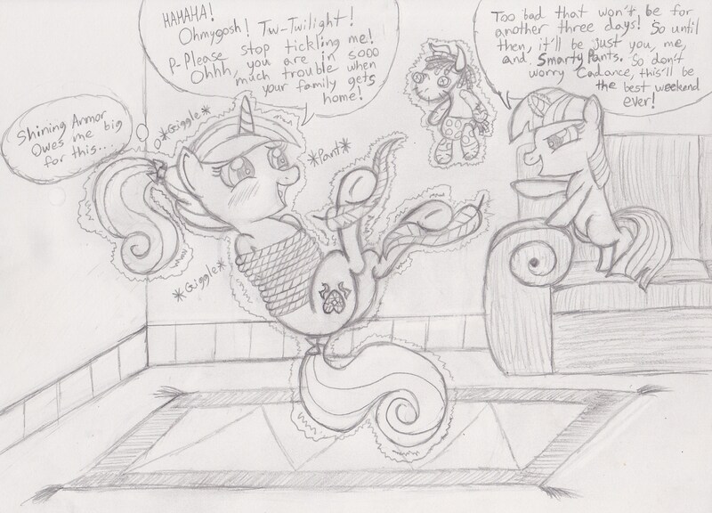 Size: 3199x2304 | Tagged: suggestive, artist:darkknighthoof, artist:darkknightwolf2011, derpibooru import, princess cadance, smarty pants, twilight sparkle, alicorn, pony, unicorn, alternate hairstyle, blushing, bondage, couch, feather, female, fetish, filly, filly twilight sparkle, foalsitter, hoof fetish, hoof tickling, hooves, magic abuse, mare, monochrome, rope, rope bondage, rug, sketch, speech bubble, subdance, teen princess cadance, tickle torture, tickling, tied up, traditional art, underhoof, unicorn twilight, younger