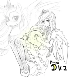 Size: 625x693 | Tagged: artist:freedomthai, goth, gothic, gothic lolita, humanized, monochrome, moon, princess luna, safe, solo, tangible heavenly object, winged humanization